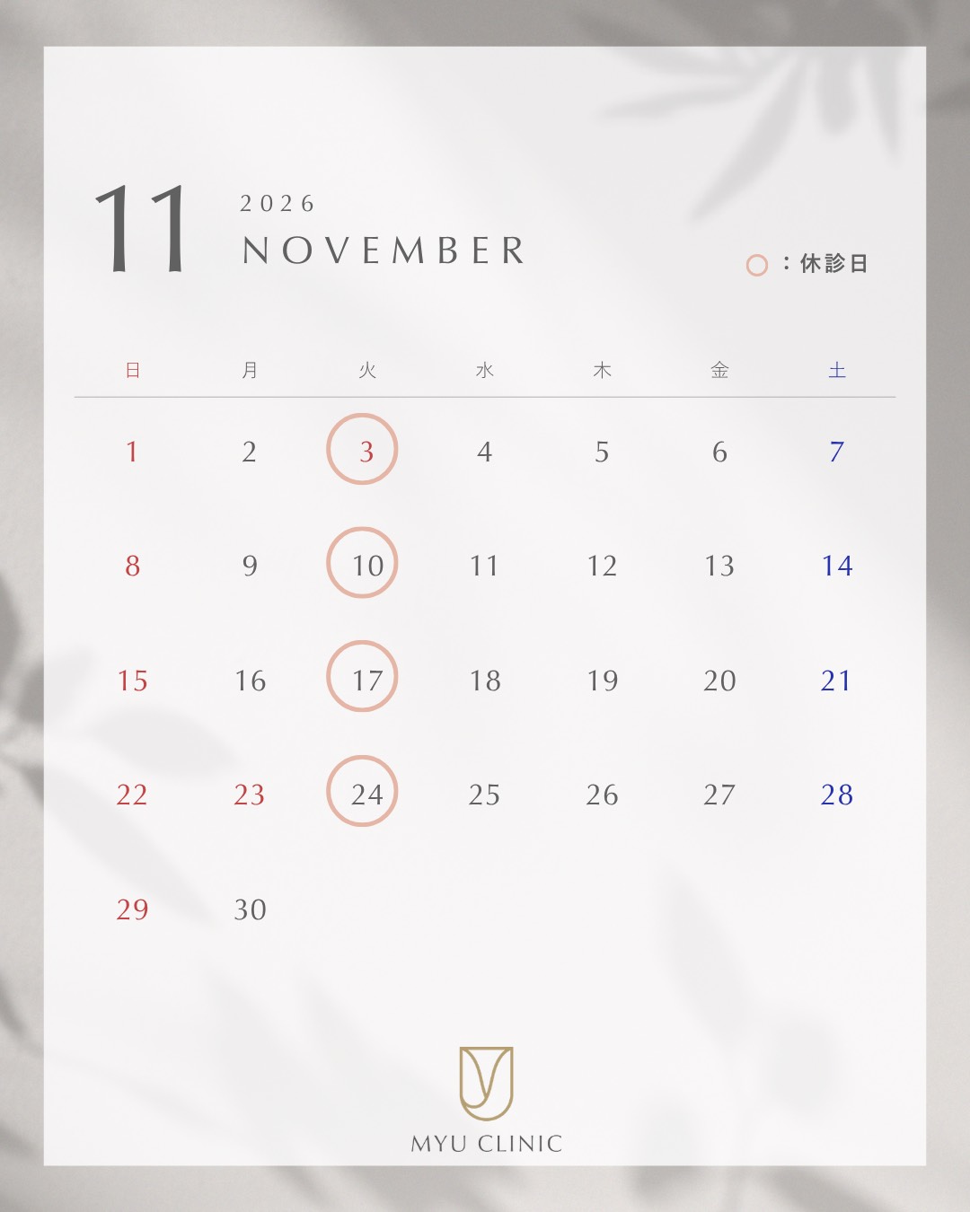 2026年11月 診療カレンダー