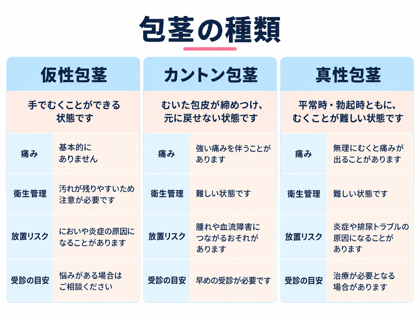 仮性包茎・カントン包茎・真性包茎の比較